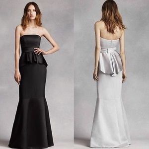 Black satin and matte crepe peplum dress